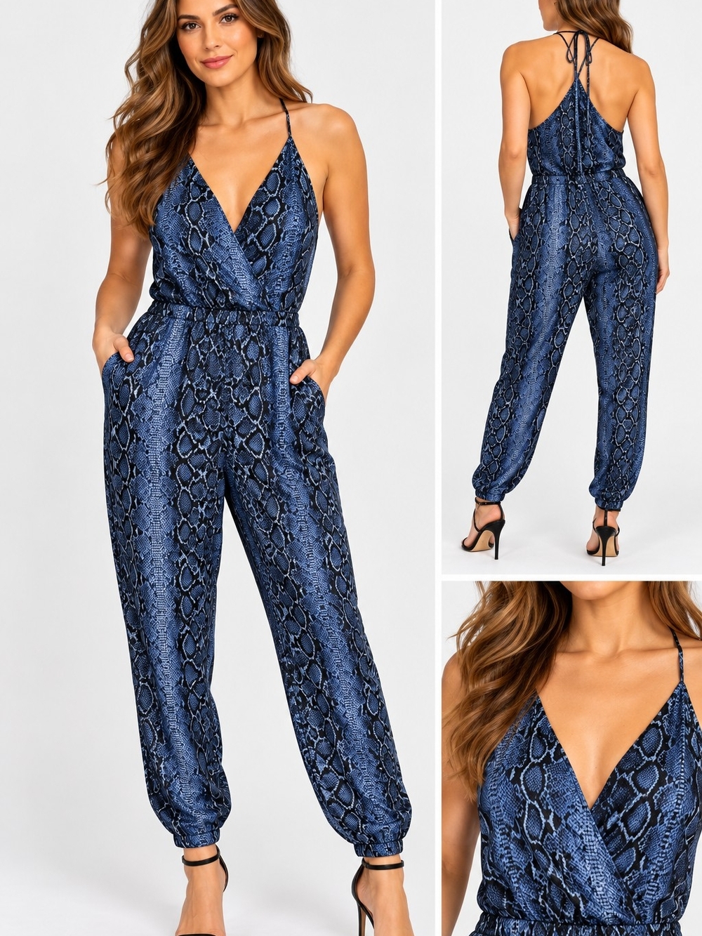 BCBGMAXAZRIA Blue Snakeskin Print Jumpsuit – NWT